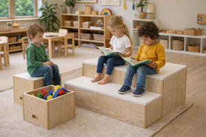 Tarima lectora para niños con 2 cubos multifuncionales.